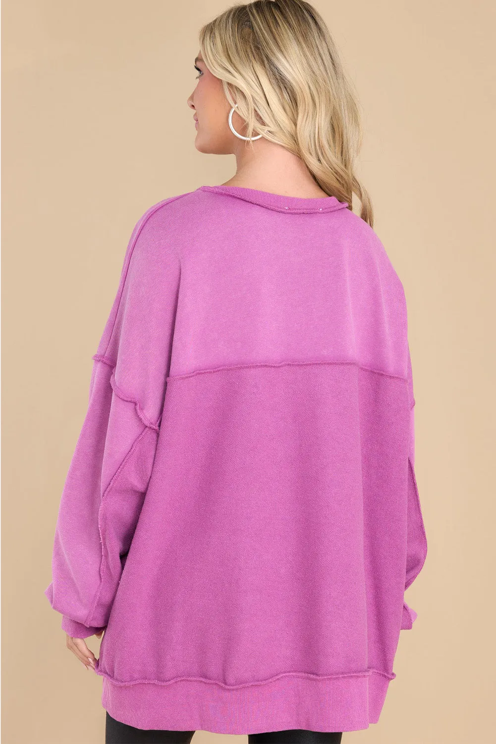 Purple Oversized Exposed Seam Henley Sweatshirt