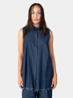 Raw Edge Sleeveless Denim Button Up