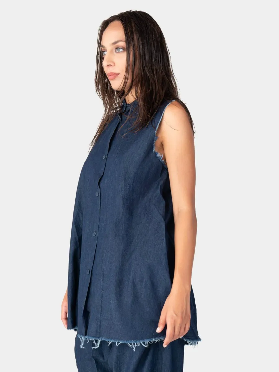Raw Edge Sleeveless Denim Button Up