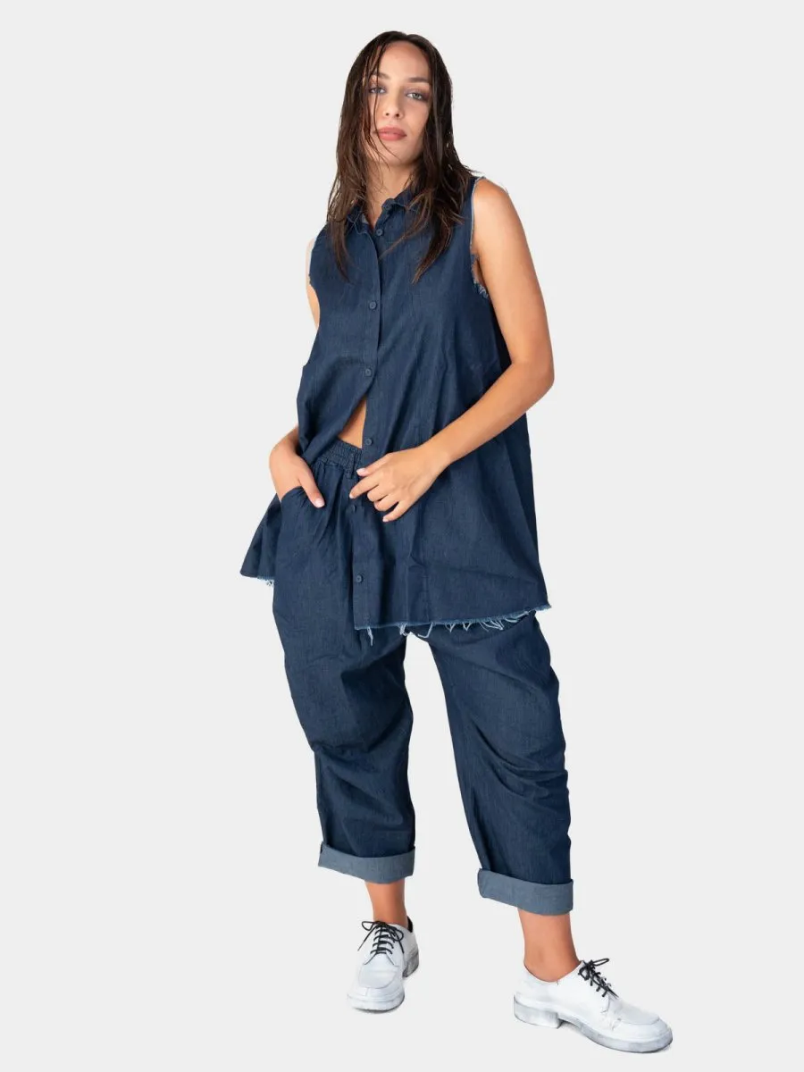 Raw Edge Sleeveless Denim Button Up