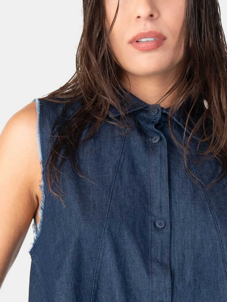 Raw Edge Sleeveless Denim Button Up