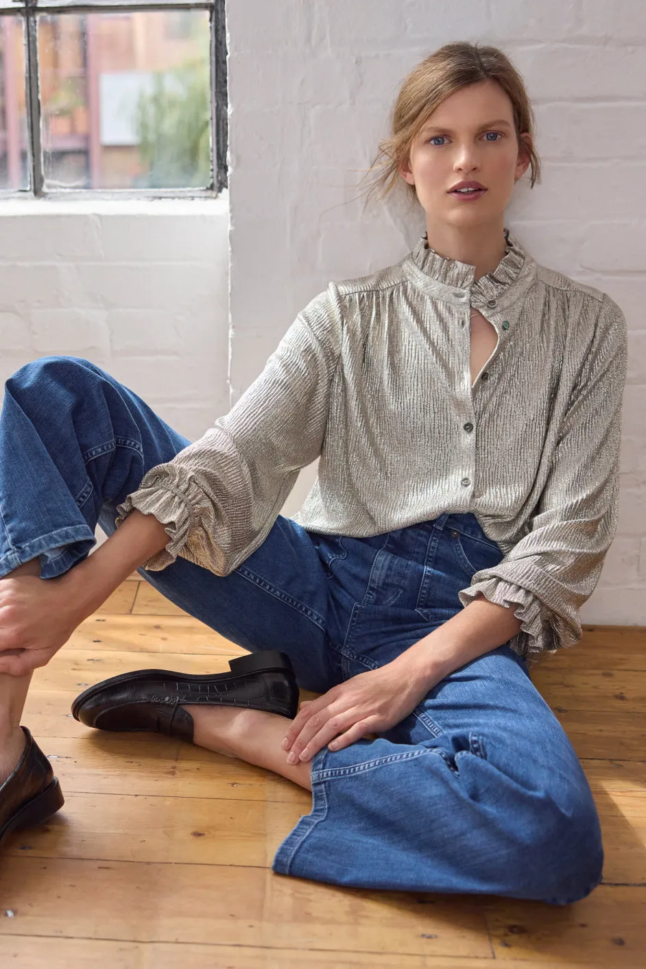 Raya Metallic Frill Neck Top - Champagne