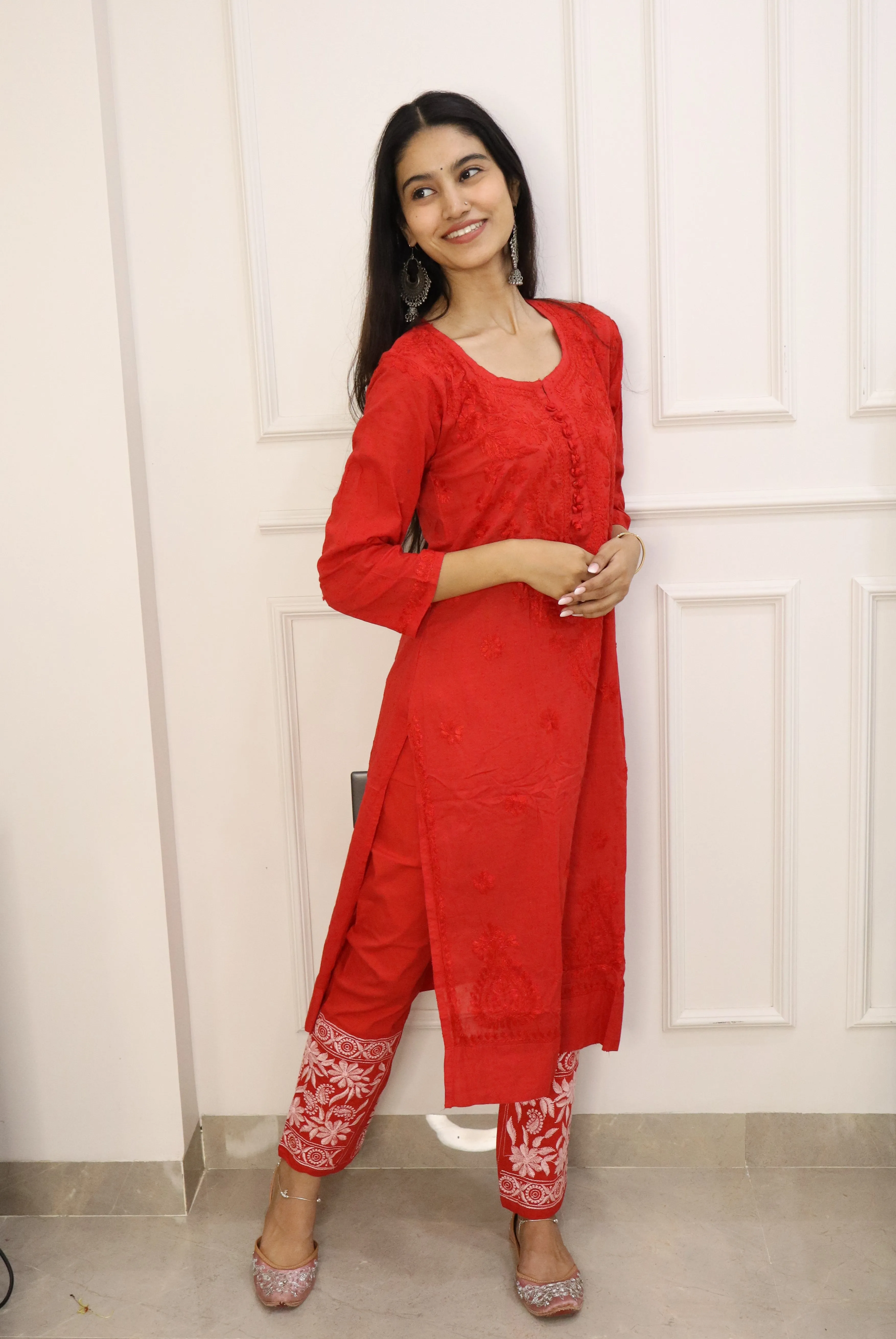 Red Chikankari cotton Kurti With Pant