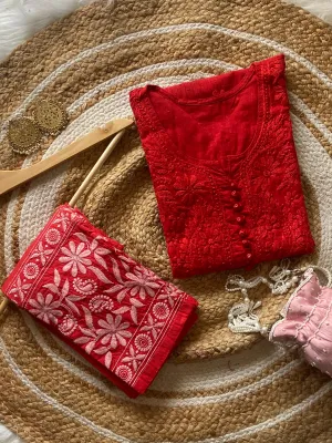 Red Chikankari cotton Kurti With Pant