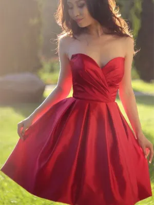 Red Elegant Simple Sweetheart Neck Short Satin Pron Dresses, Red Short Sweetheart Formal Evening Homecoming Dresses