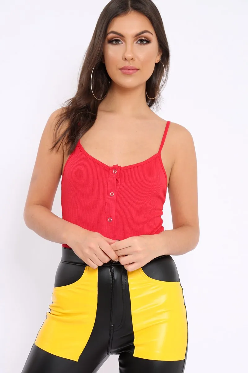 Red Ribbed Popper Front Bodysuit - Baylee