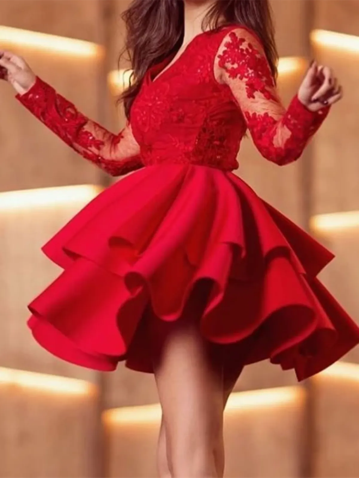 Red V Neck Satin Lace Short Prom Dress, Red Homecoming Dress