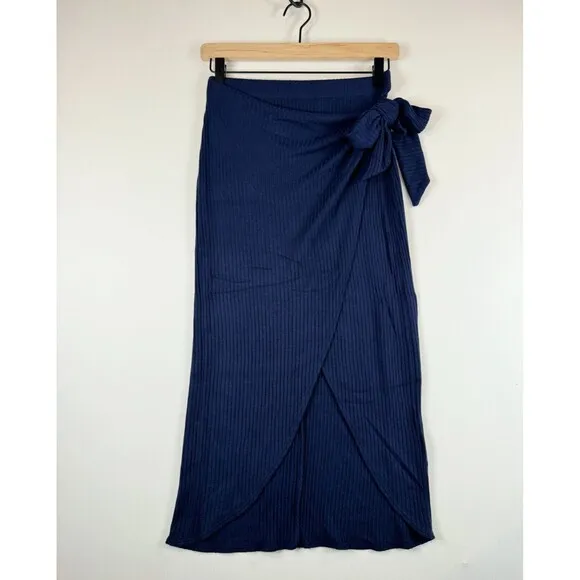 Reformation Jeans Womens Skirt Blue Midi Wrap Ribbed Knit Stretch Size Small