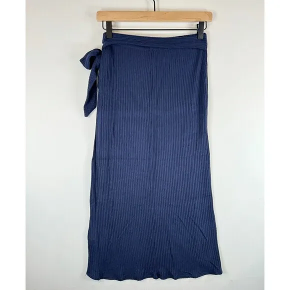 Reformation Jeans Womens Skirt Blue Midi Wrap Ribbed Knit Stretch Size Small