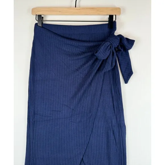 Reformation Jeans Womens Skirt Blue Midi Wrap Ribbed Knit Stretch Size Small