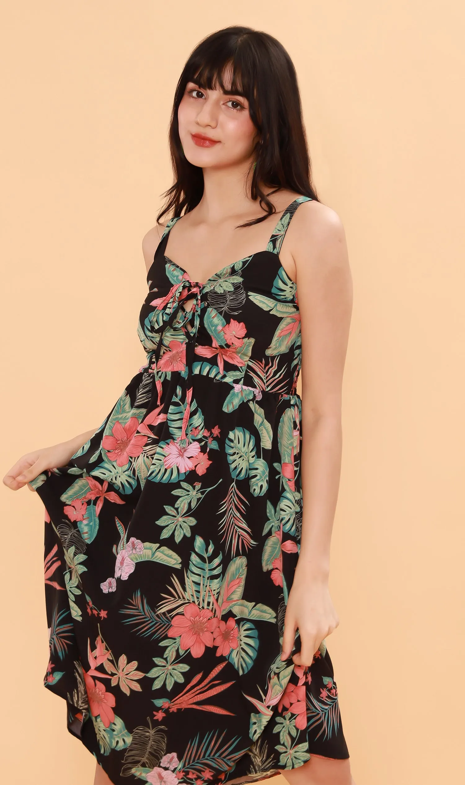 REINE Tropical Lace-Up Midi Dress