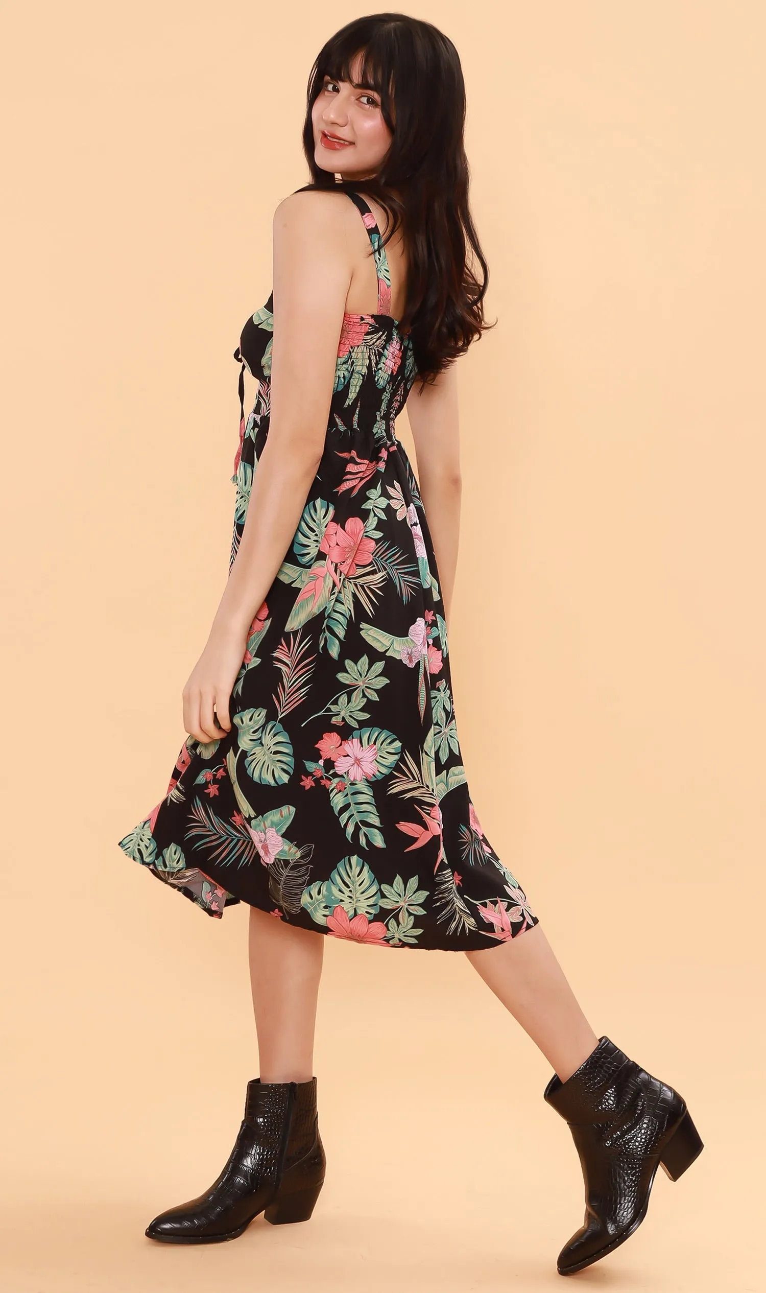 REINE Tropical Lace-Up Midi Dress