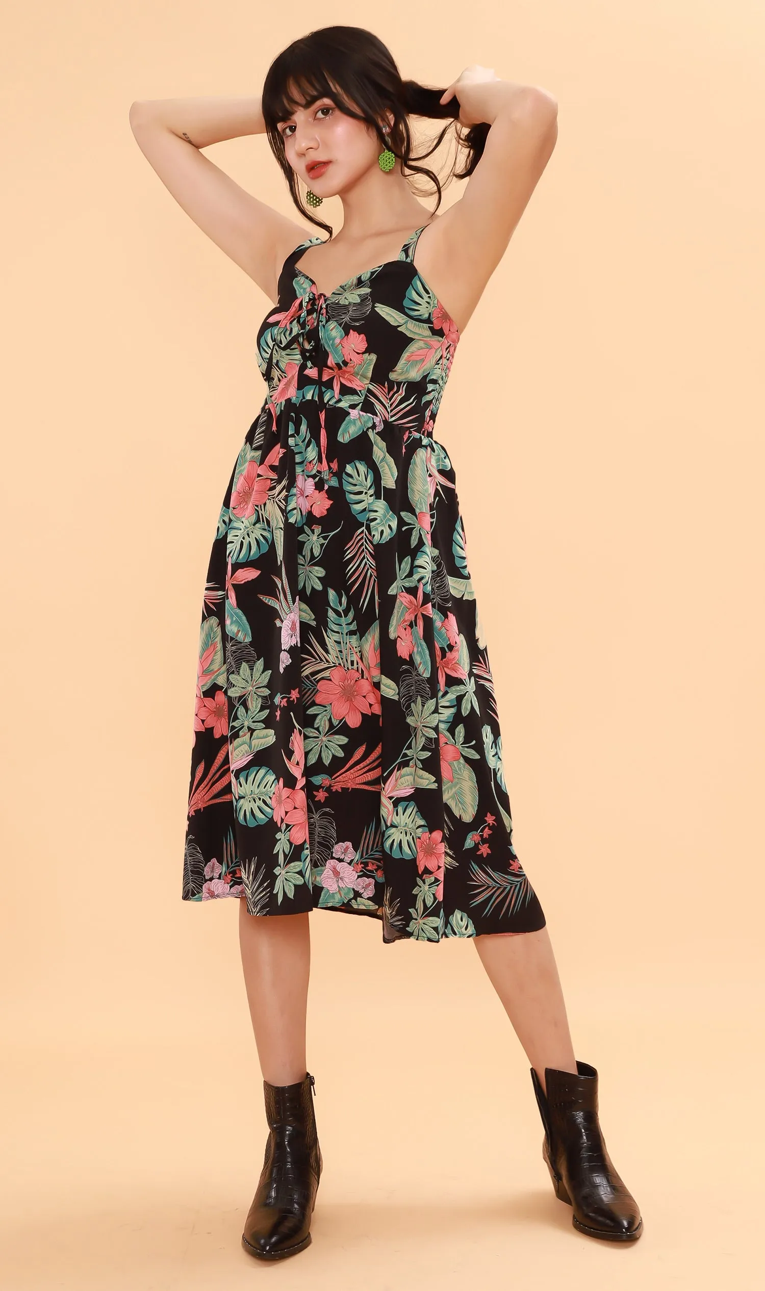 REINE Tropical Lace-Up Midi Dress