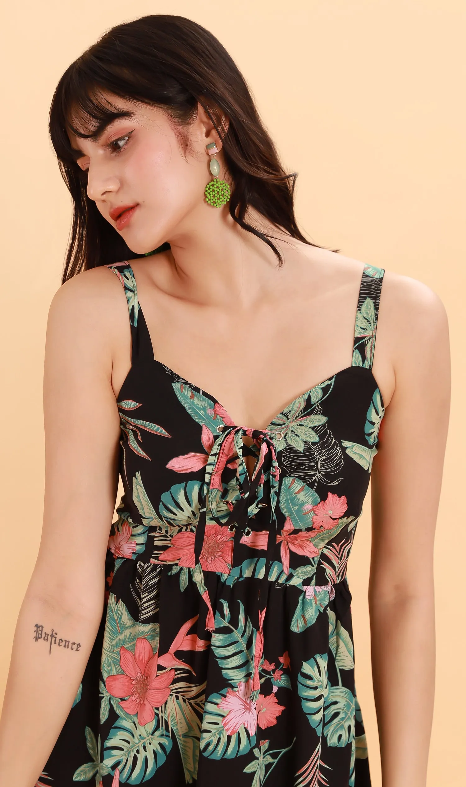 REINE Tropical Lace-Up Midi Dress