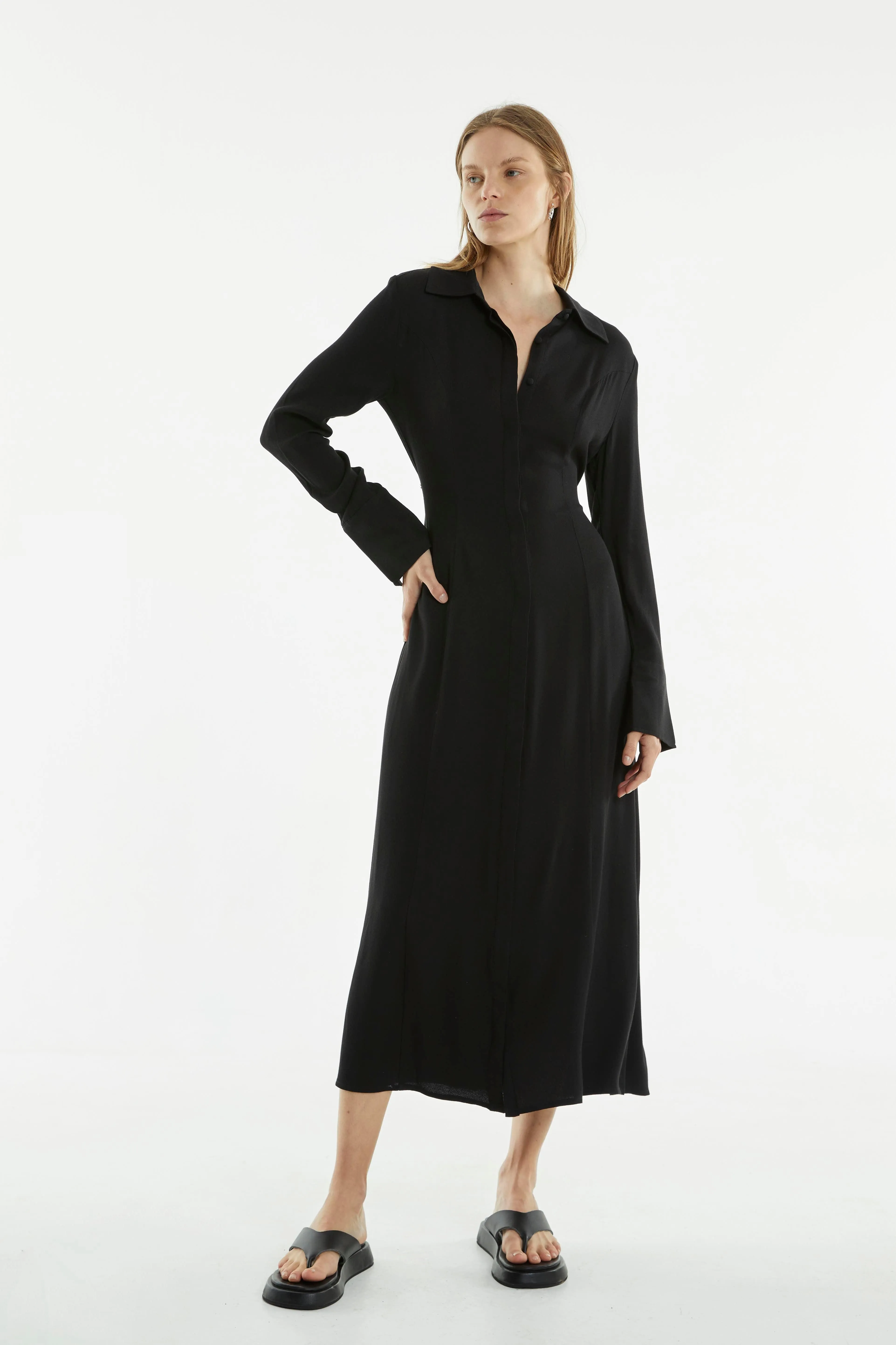 RETROSPECT MIDI SHIRT DRESS | BLACK