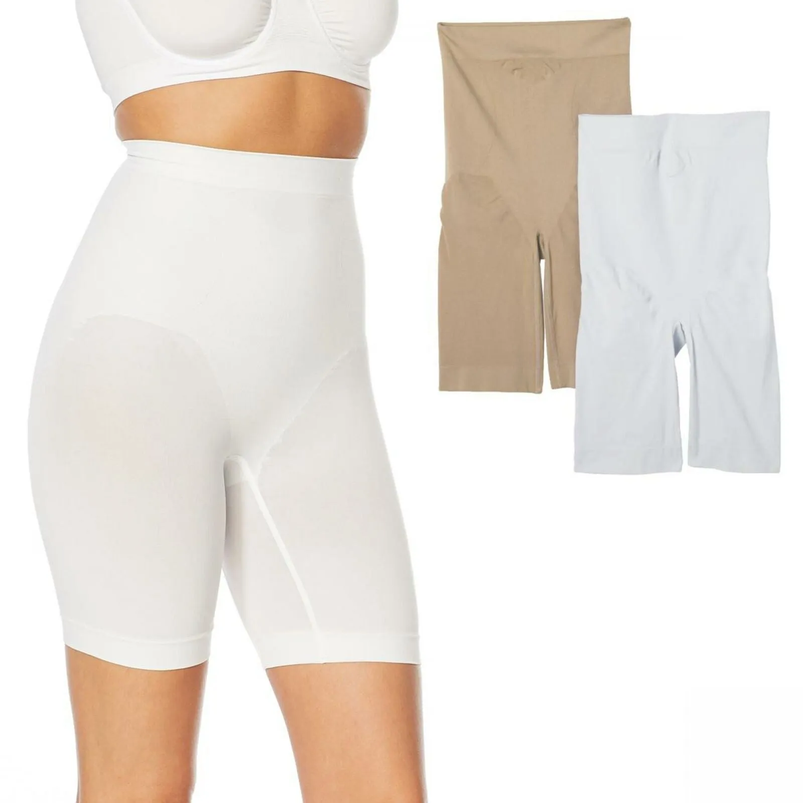 Rhonda Shear 2 Pack Medium Support Longline Shaping Shorts White/Nude Large