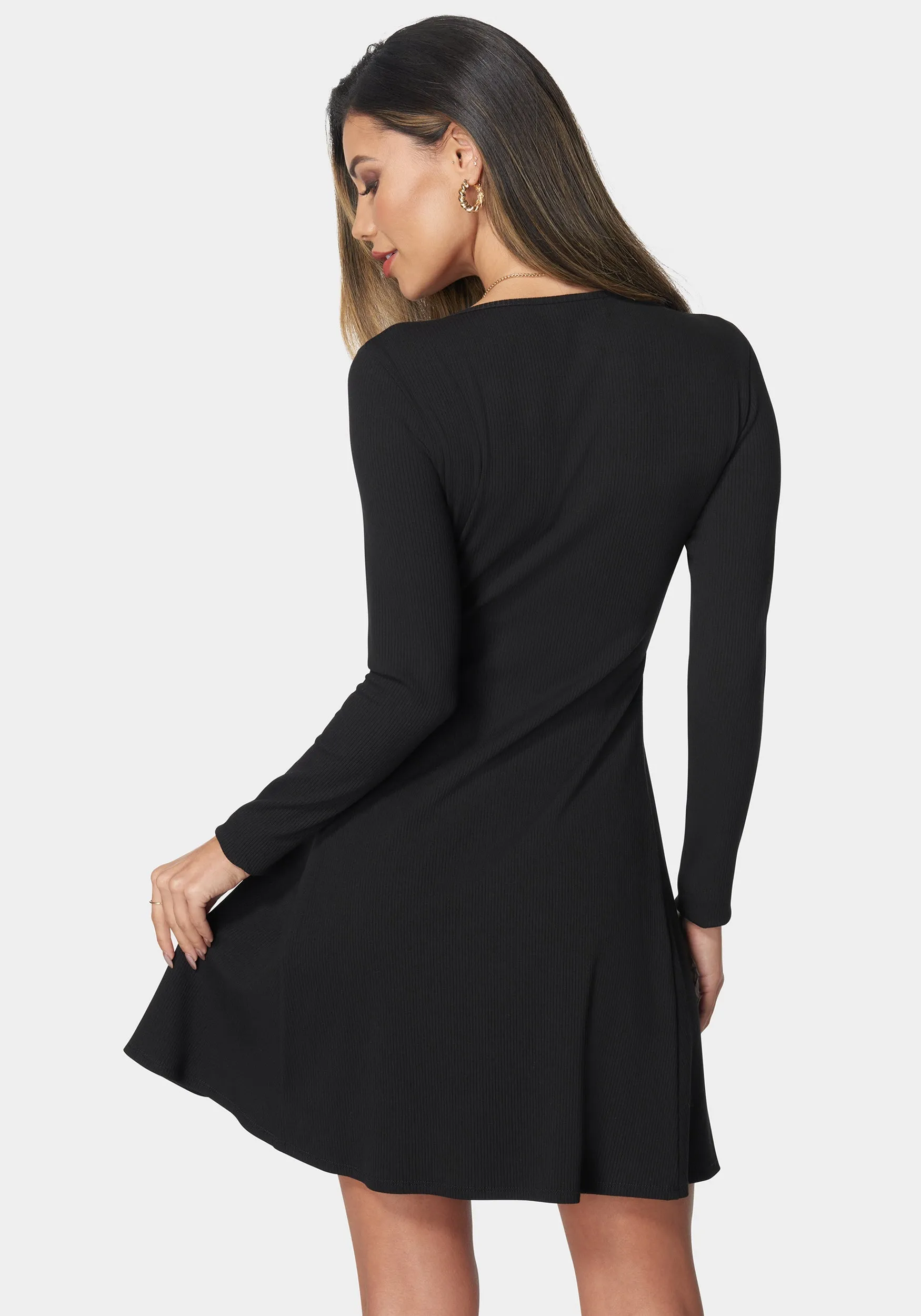 Rib Long Sleeve Godet Dress