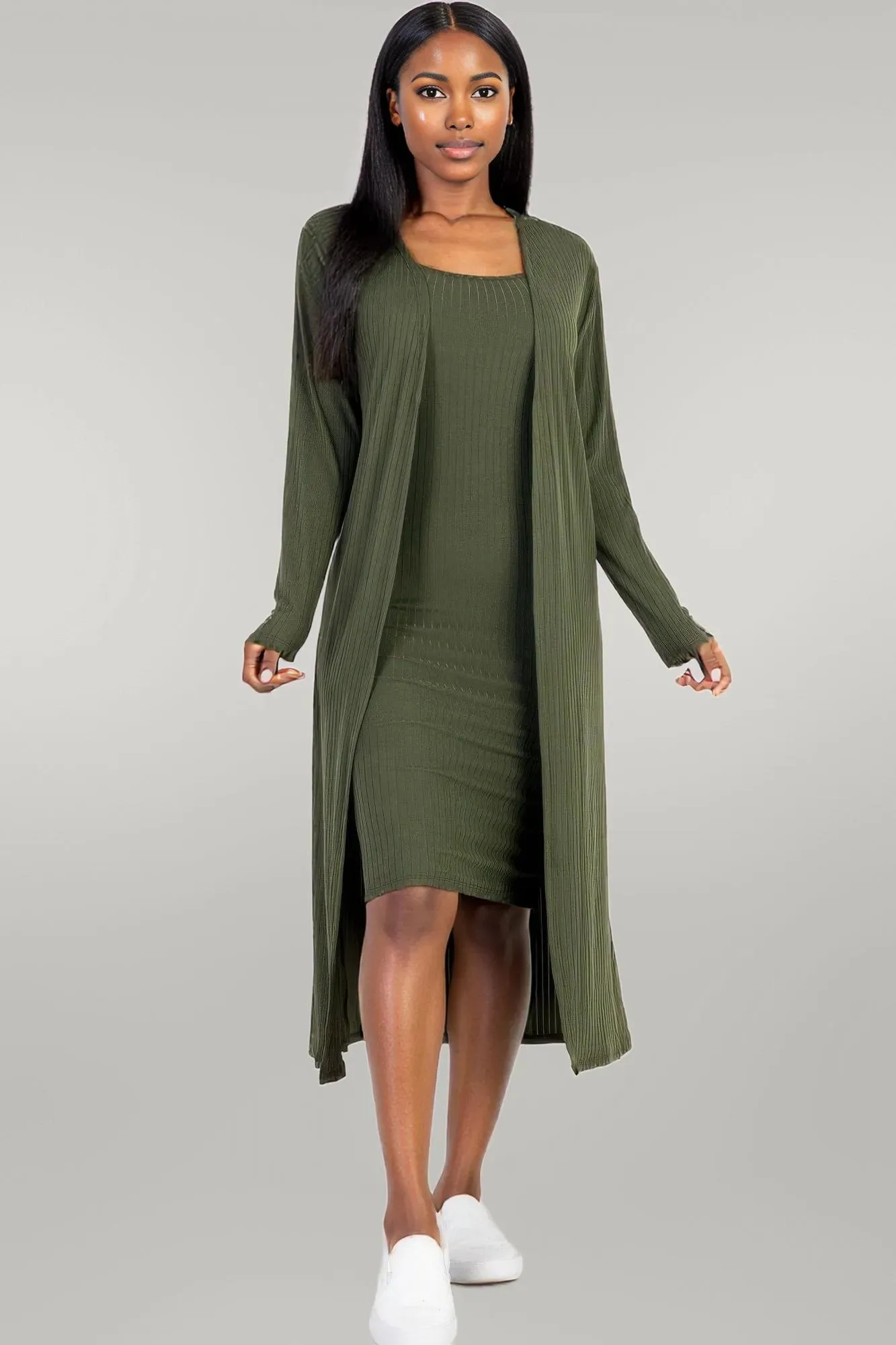 Ribbed Cardigan & Cami Midi Bodycon Dress