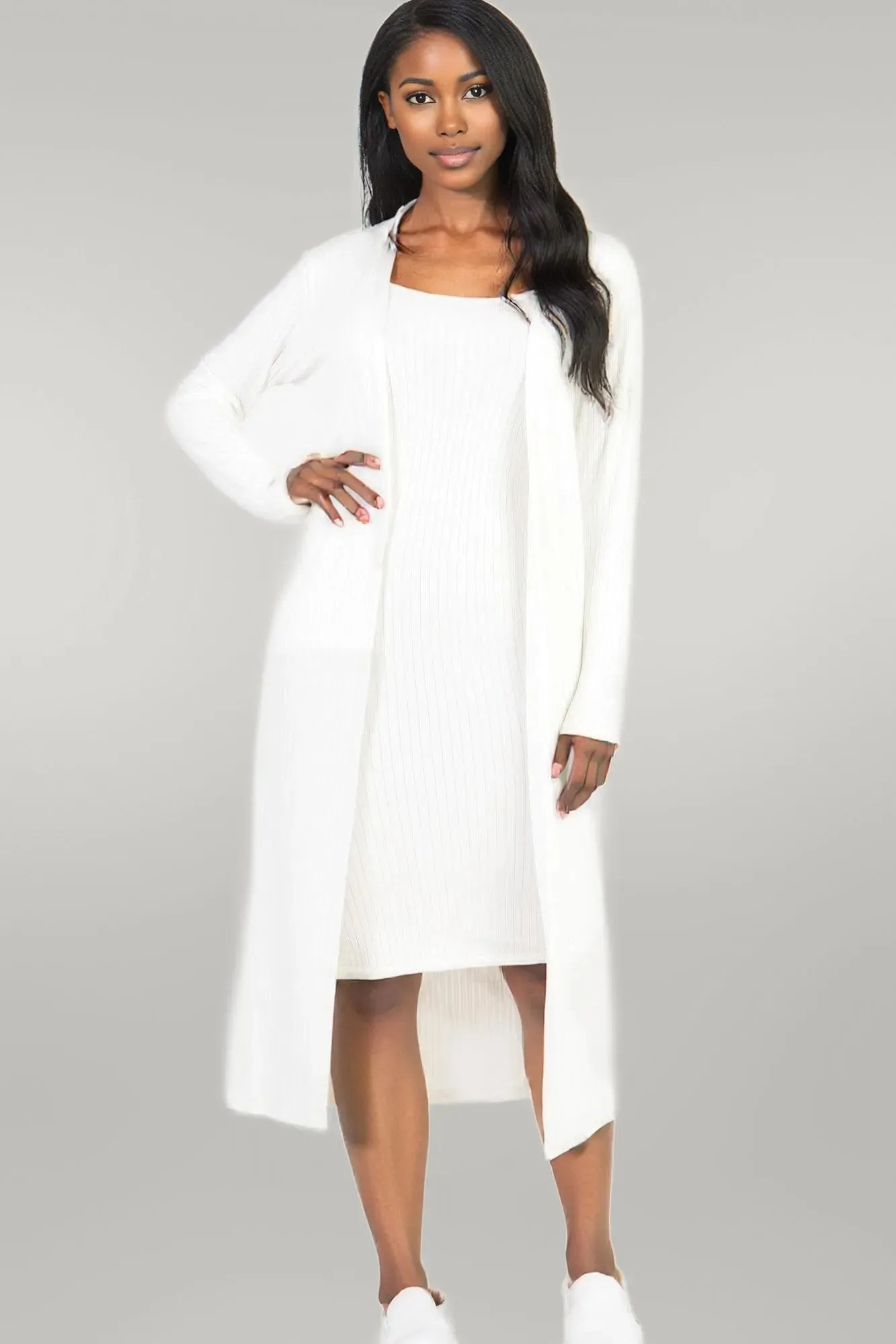 Ribbed Cardigan & Cami Midi Bodycon Dress