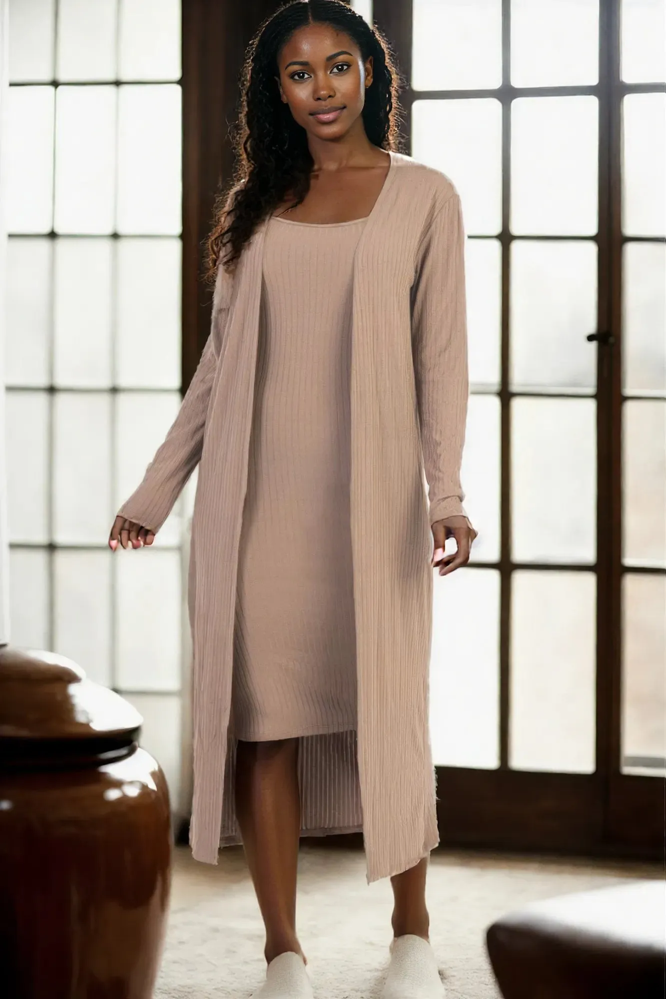 Ribbed Cardigan & Cami Midi Bodycon Dress