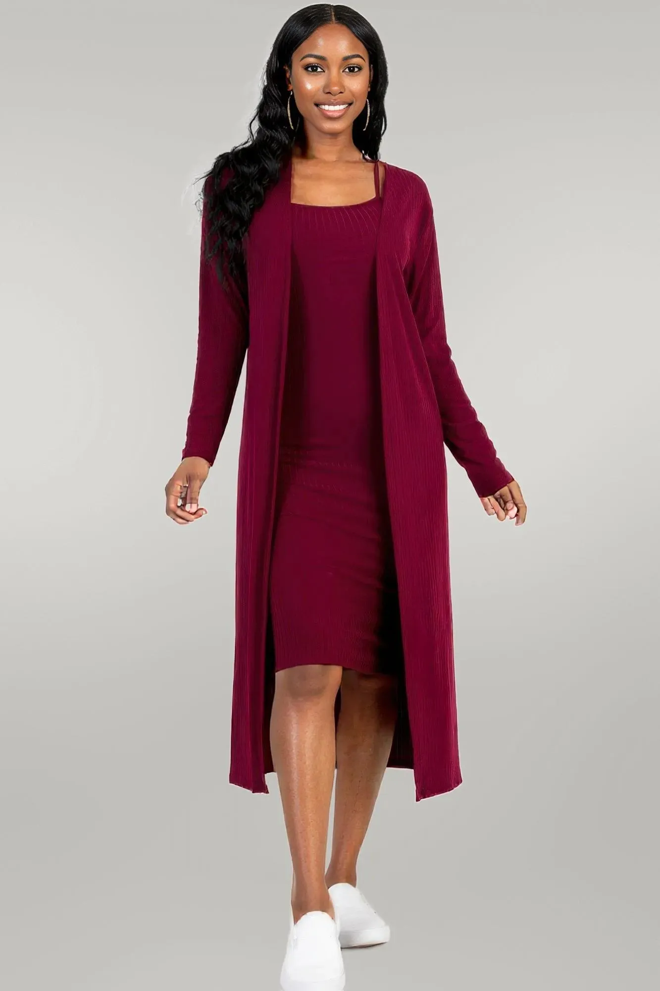 Ribbed Cardigan & Cami Midi Bodycon Dress