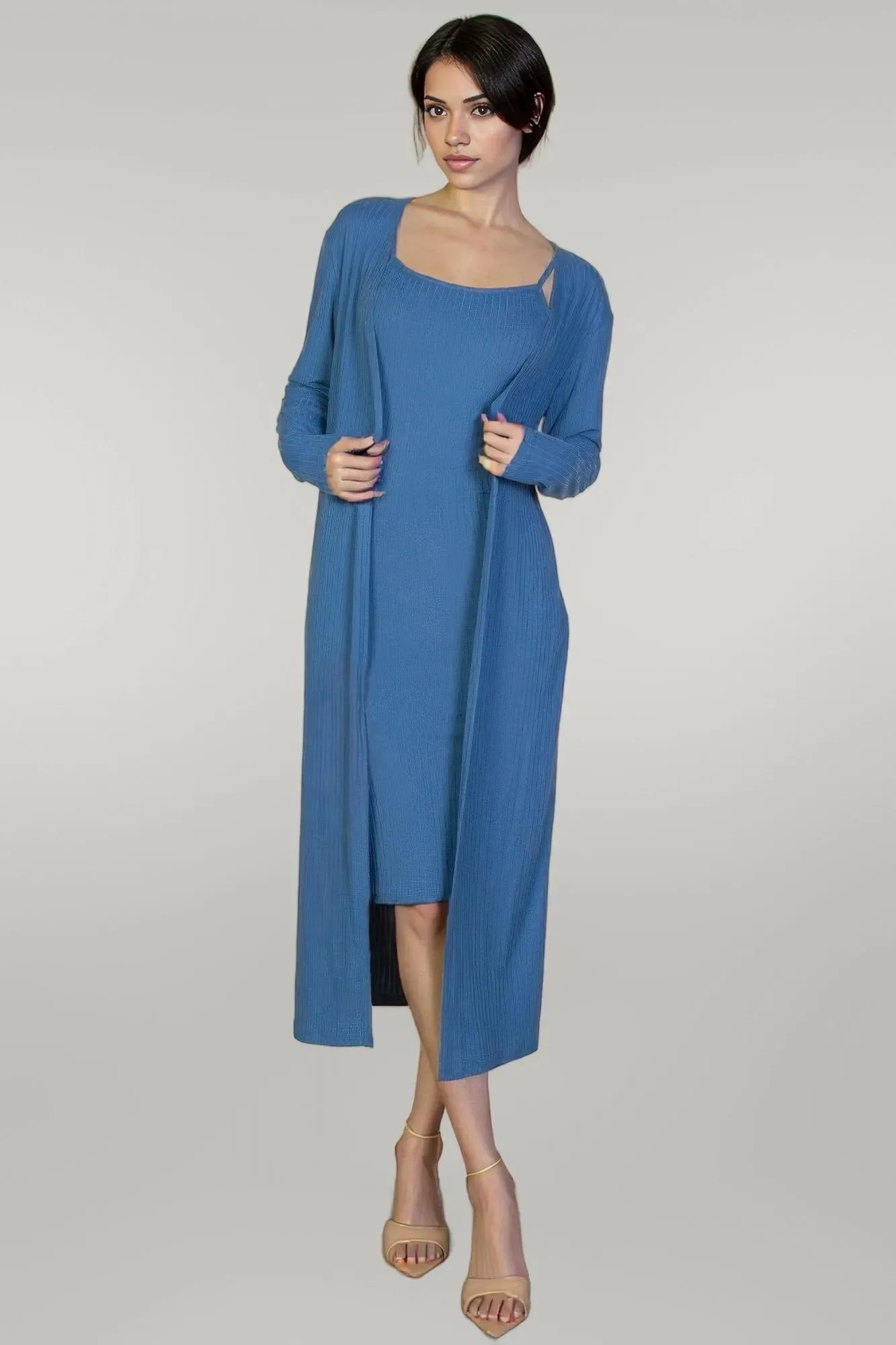 Ribbed Cardigan & Cami Midi Bodycon Dress