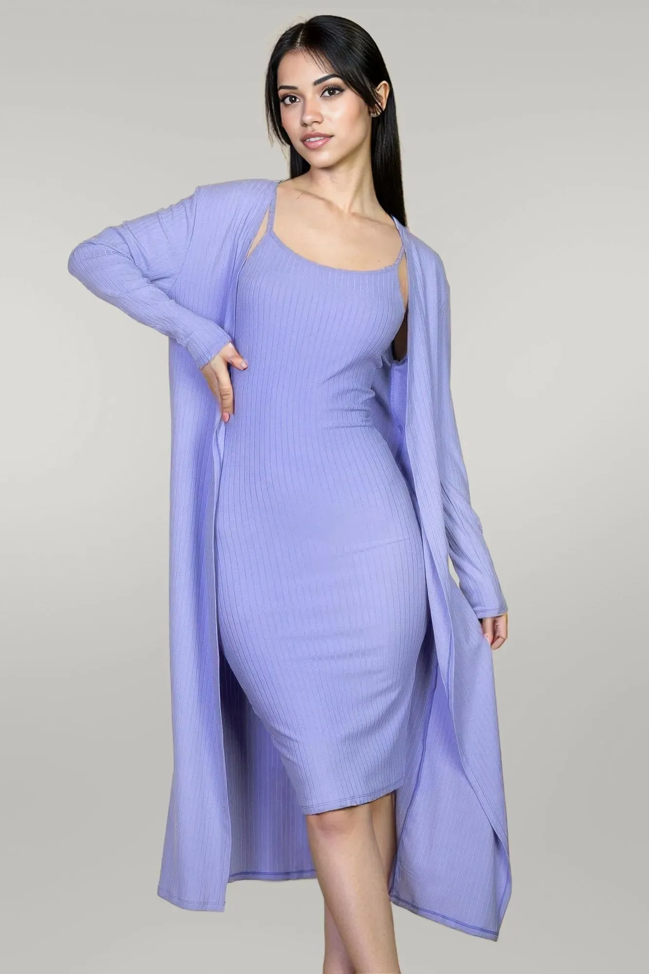 Ribbed Cardigan & Cami Midi Bodycon Dress