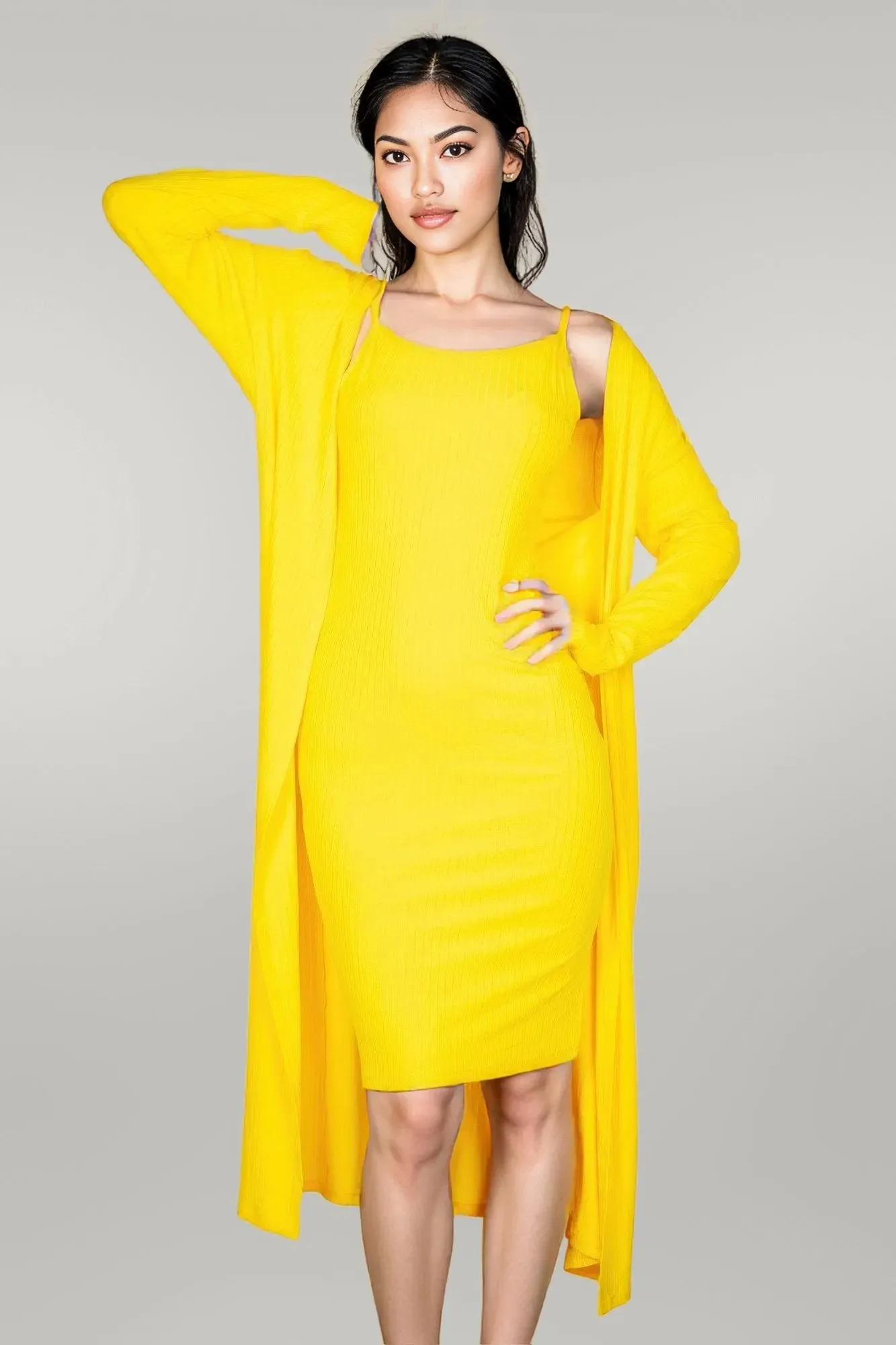 Ribbed Cardigan & Cami Midi Bodycon Dress