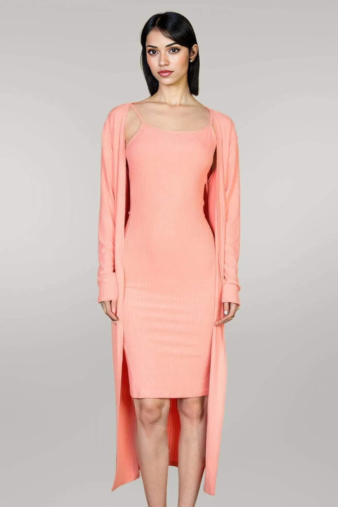 Ribbed Cardigan & Cami Midi Bodycon Dress