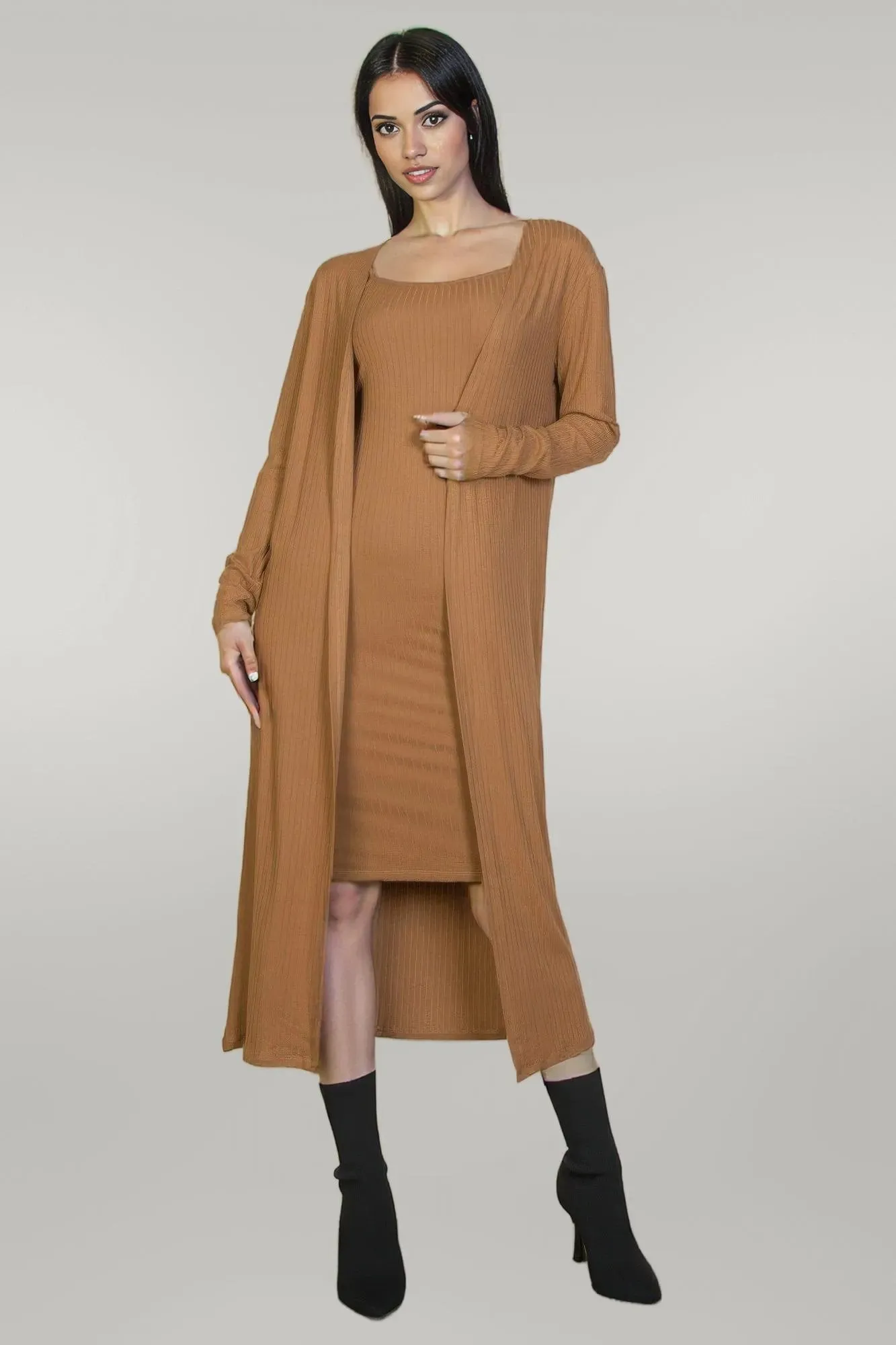 Ribbed Cardigan & Cami Midi Bodycon Dress