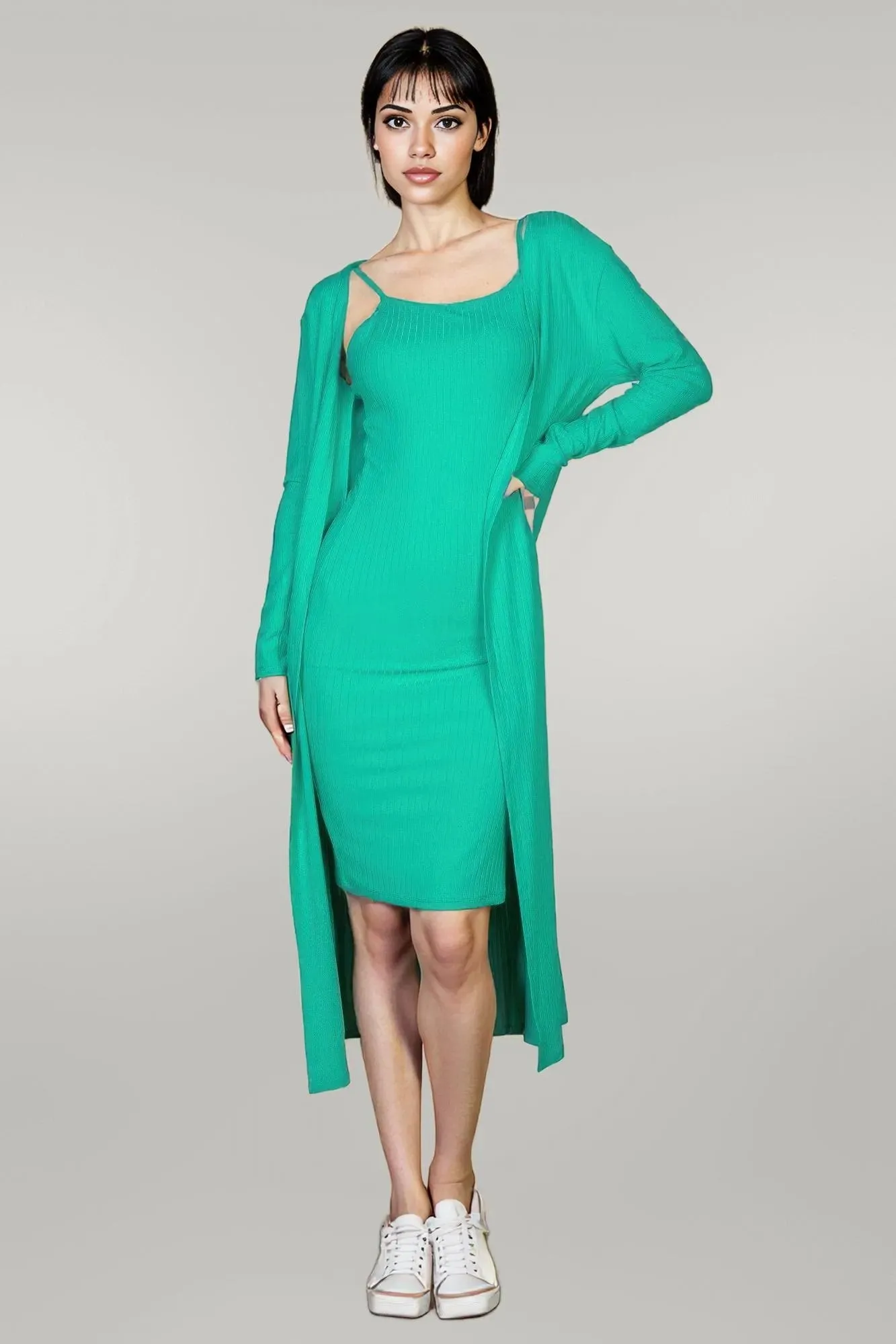 Ribbed Cardigan & Cami Midi Bodycon Dress