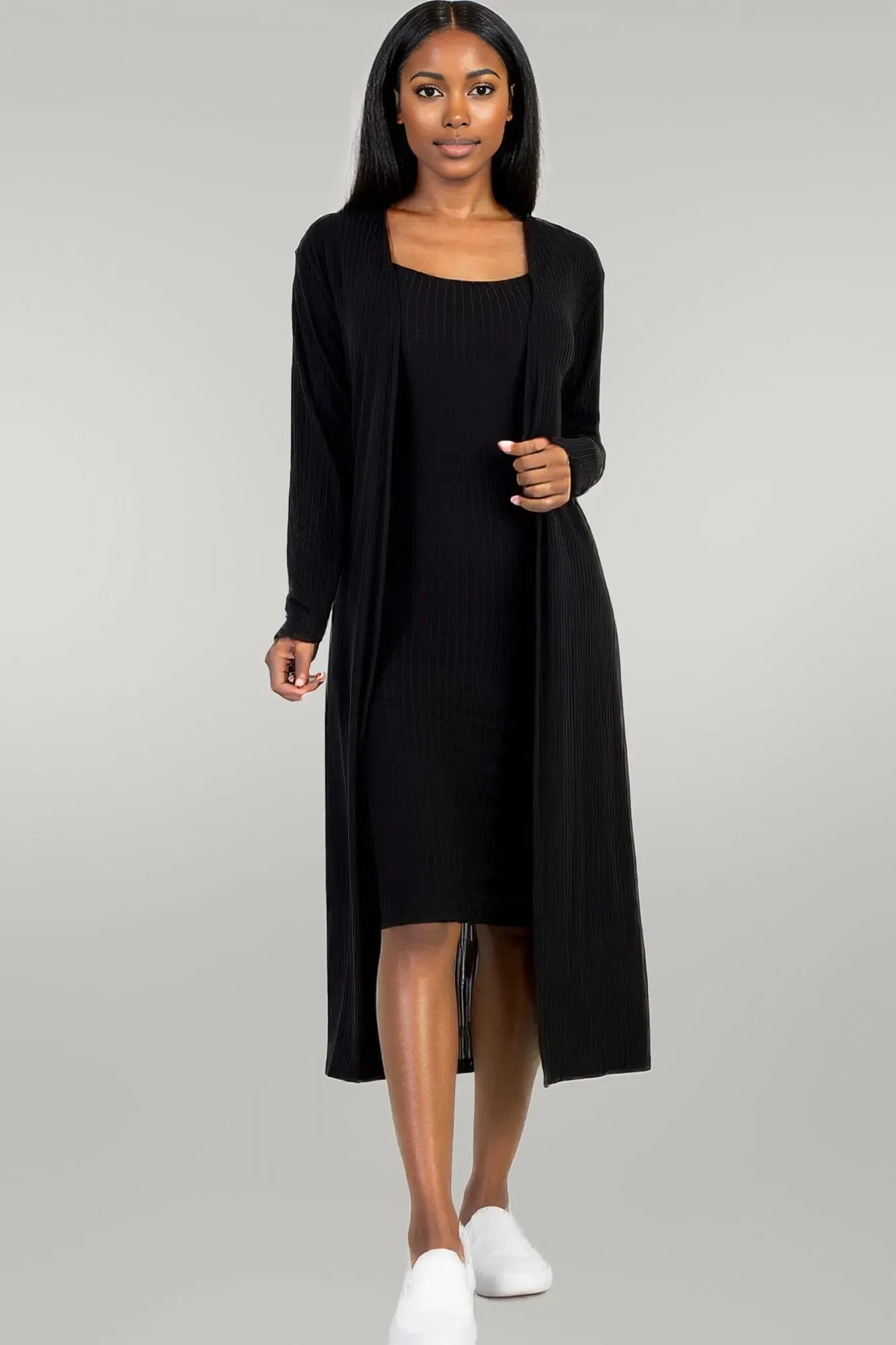 Ribbed Cardigan & Cami Midi Bodycon Dress