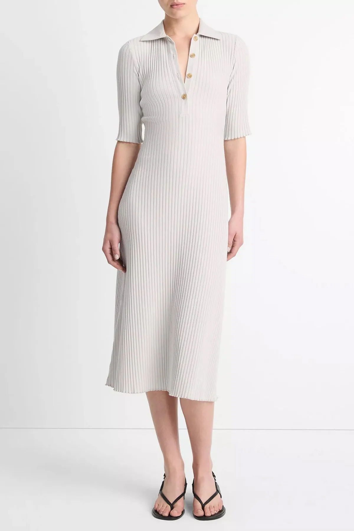 Ribbed Cotton-Blend Polo Dress in Salt Glass