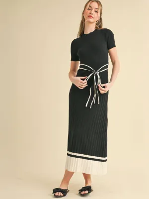 Ribbed Knit Midi Dress With Tie Waist