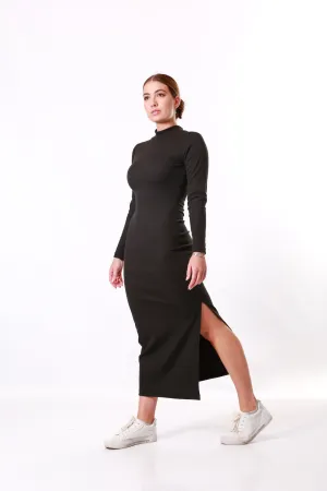 Ribbed Maxi winter dress Polar neck- Black
