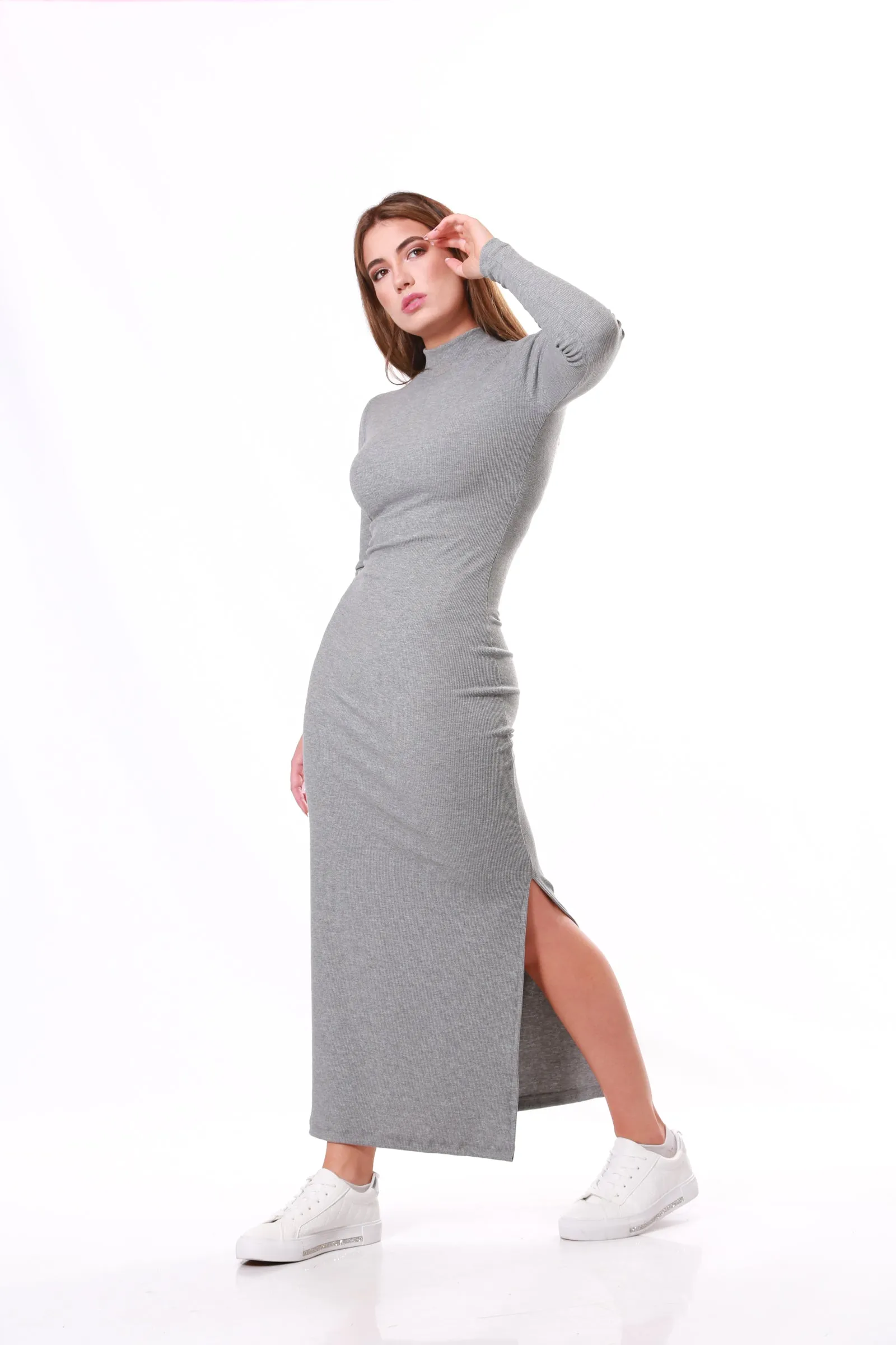 Ribbed Maxi winter dress Polar neck, grey