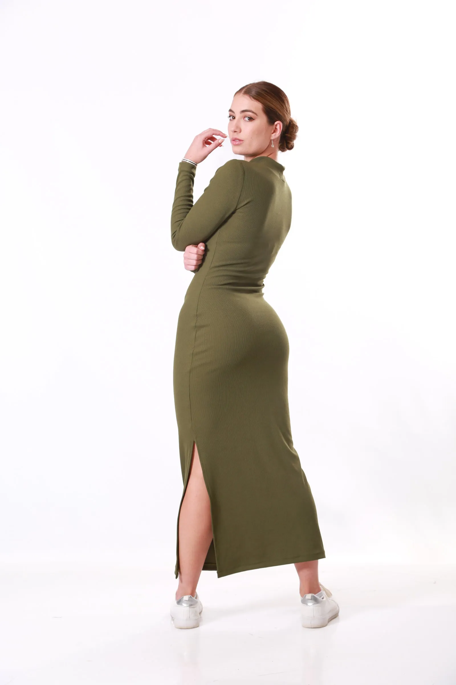 Ribbed Maxi winter dress Polar neck- Khaki