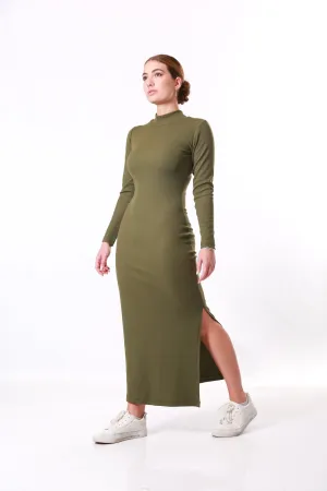 Ribbed Maxi winter dress Polar neck- Khaki