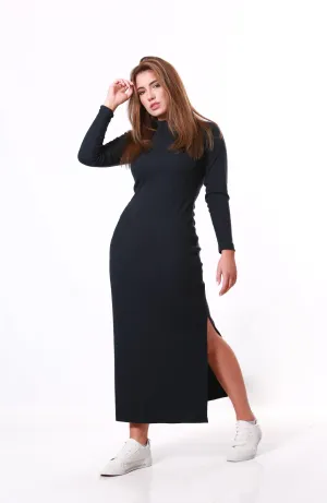 Ribbed Maxi winter dress Polar neck- Navy