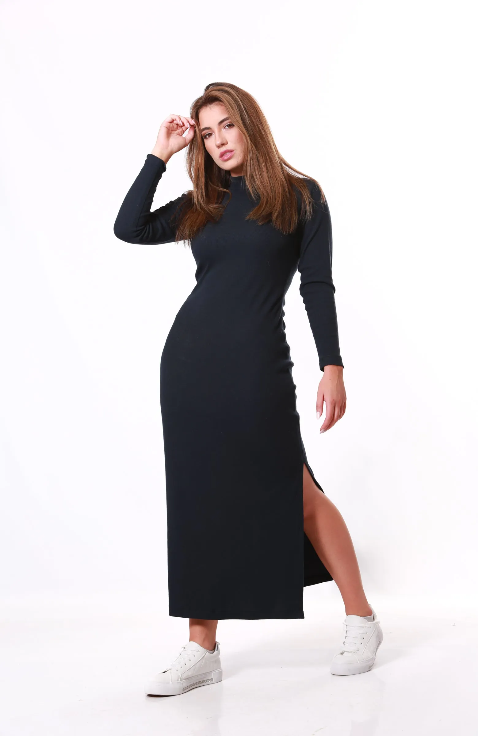 Ribbed Maxi winter dress Polar neck- Navy
