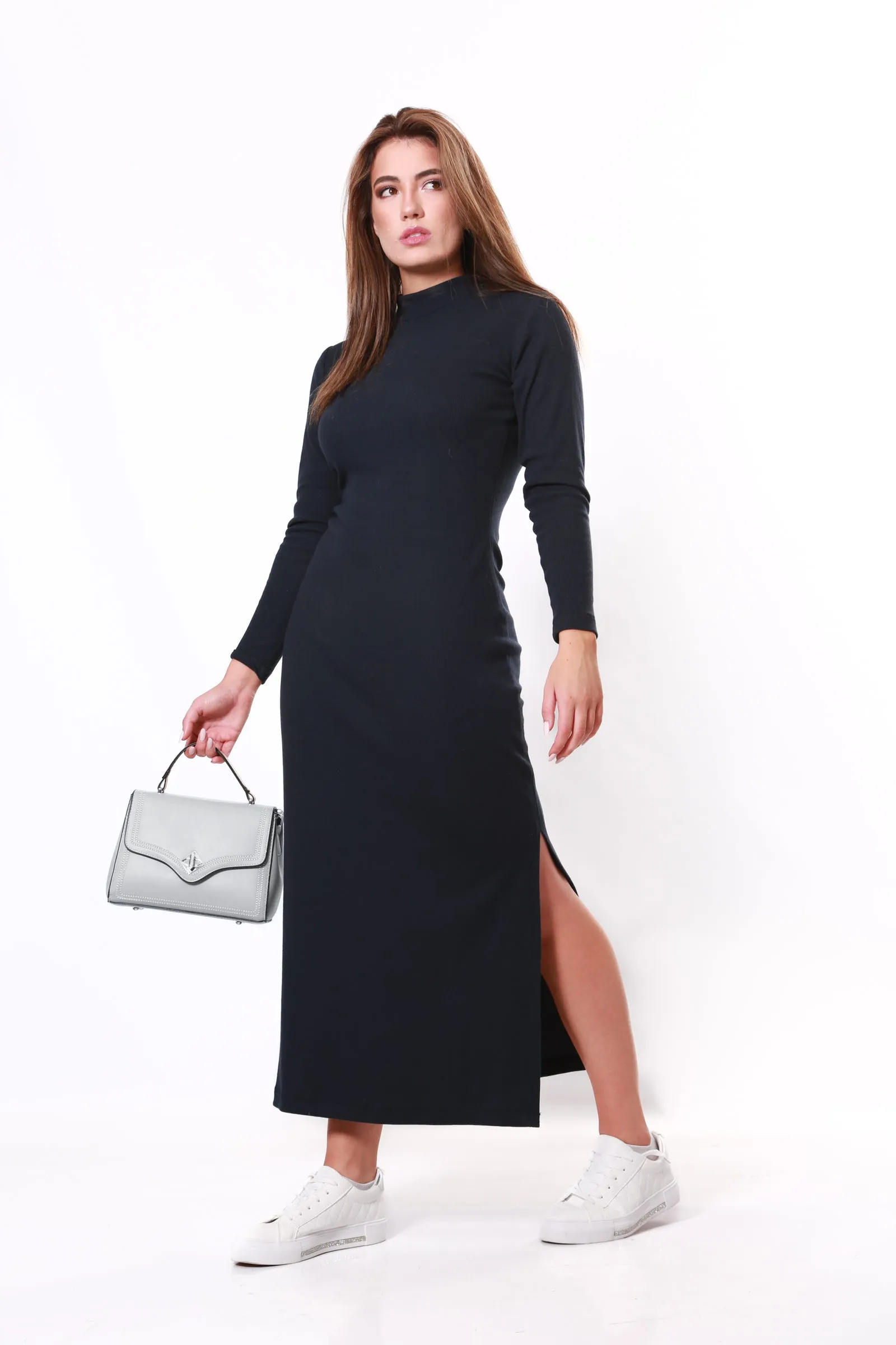 Ribbed Maxi winter dress Polar neck- Navy