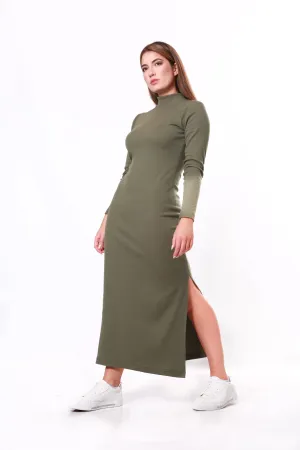 Ribbed Maxi winter dress Polar neck- Olive