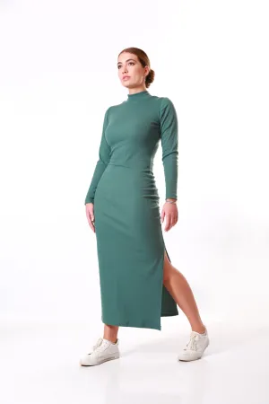 Ribbed Maxi winter dress Polar neck- Sage