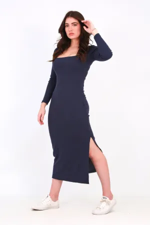 Ribbed Maxi winter dress Square neck- Navy