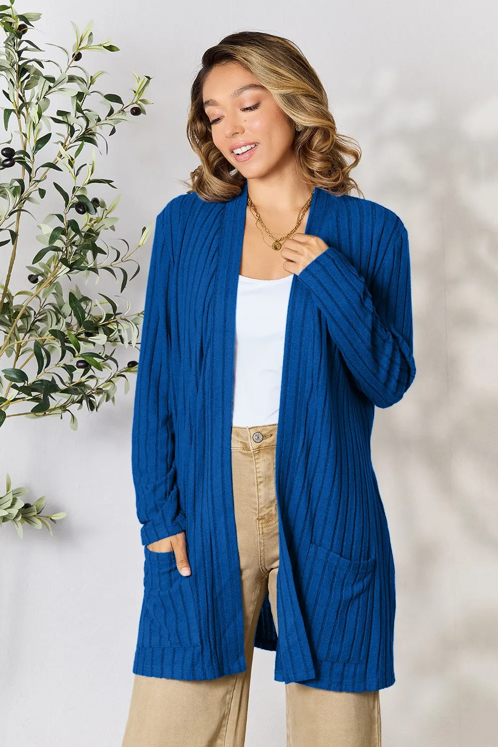 Ribbed Open Front Cardigan with Pockets 5 COLORS