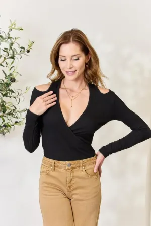Ribbed Surplice Cold Shoulder Top