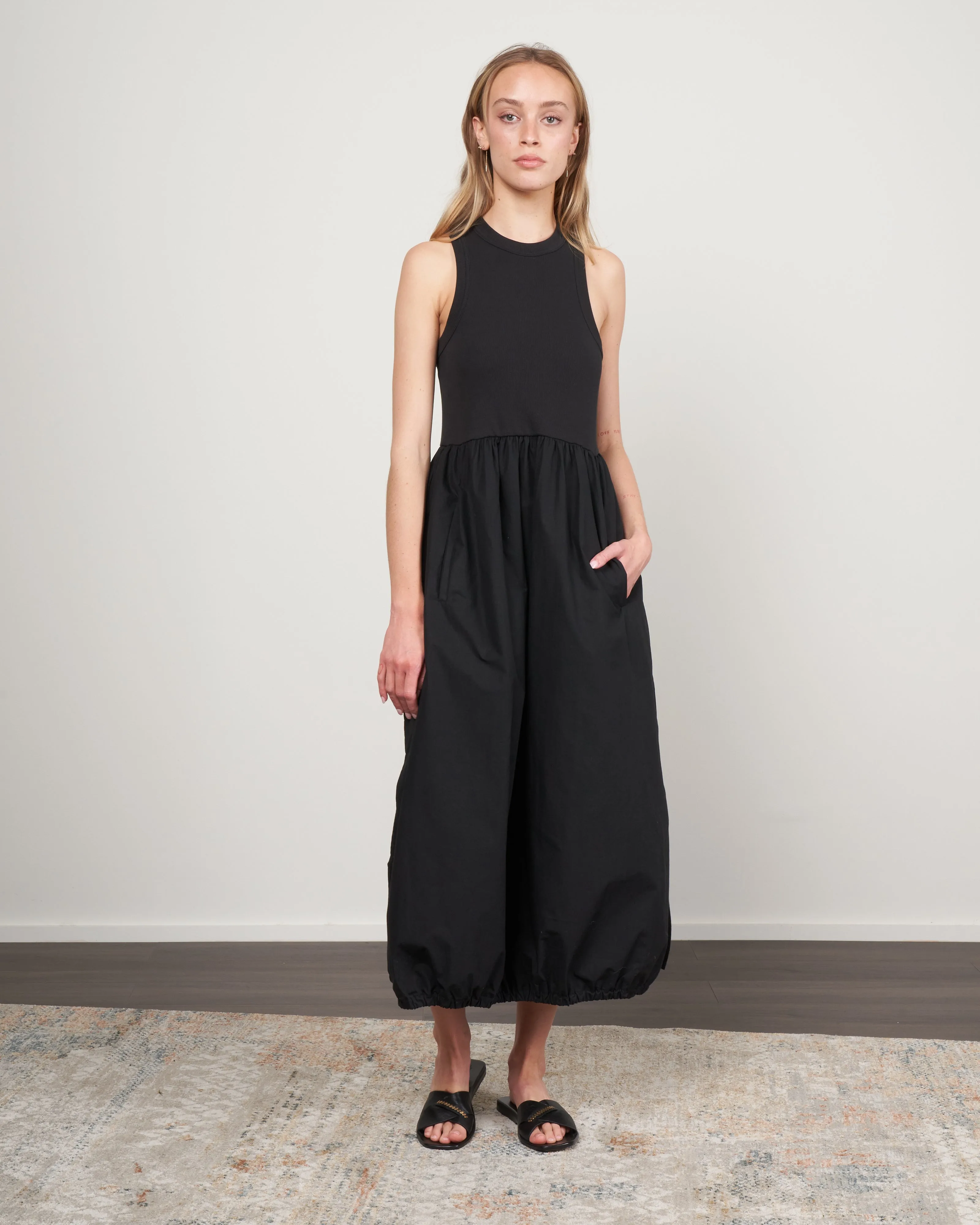 ribbed tank balloon dress - black