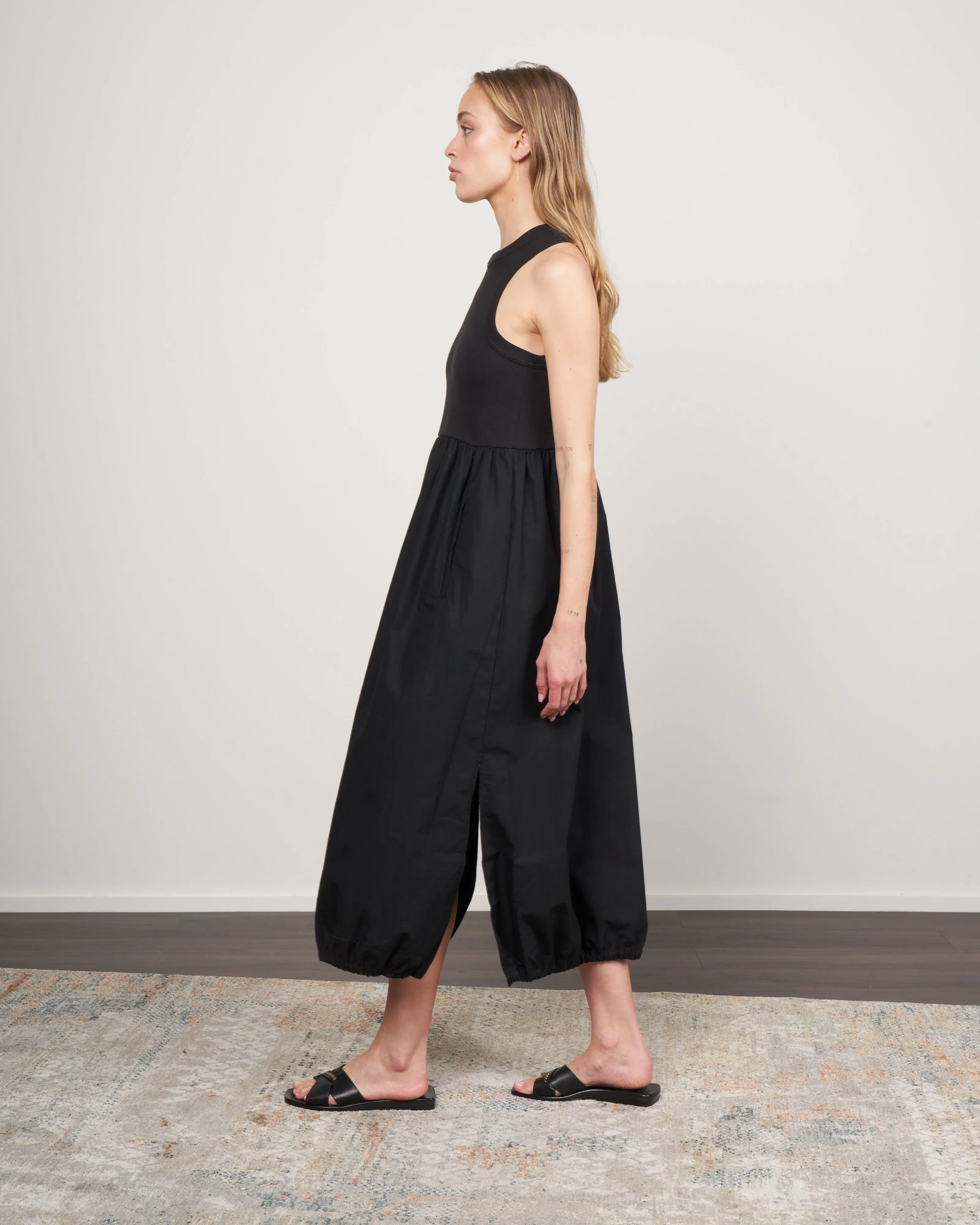 ribbed tank balloon dress - black