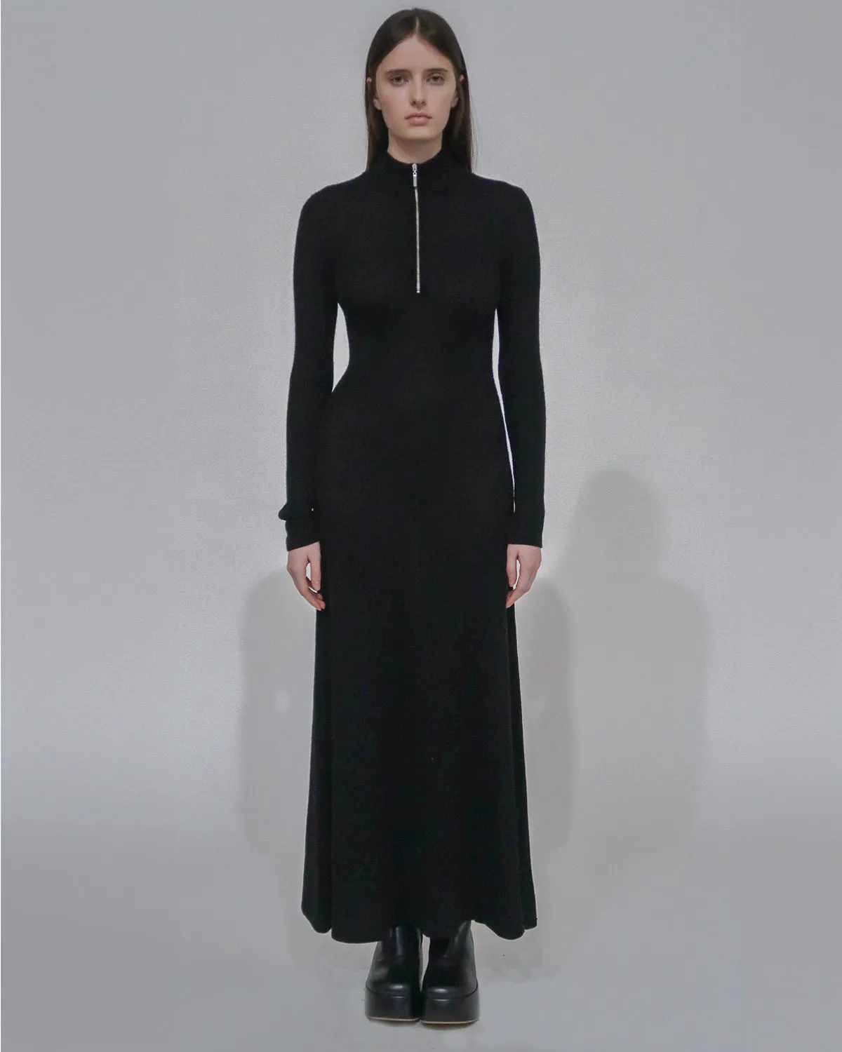 RIBBED ZIP UP TURTLENECK DRESS