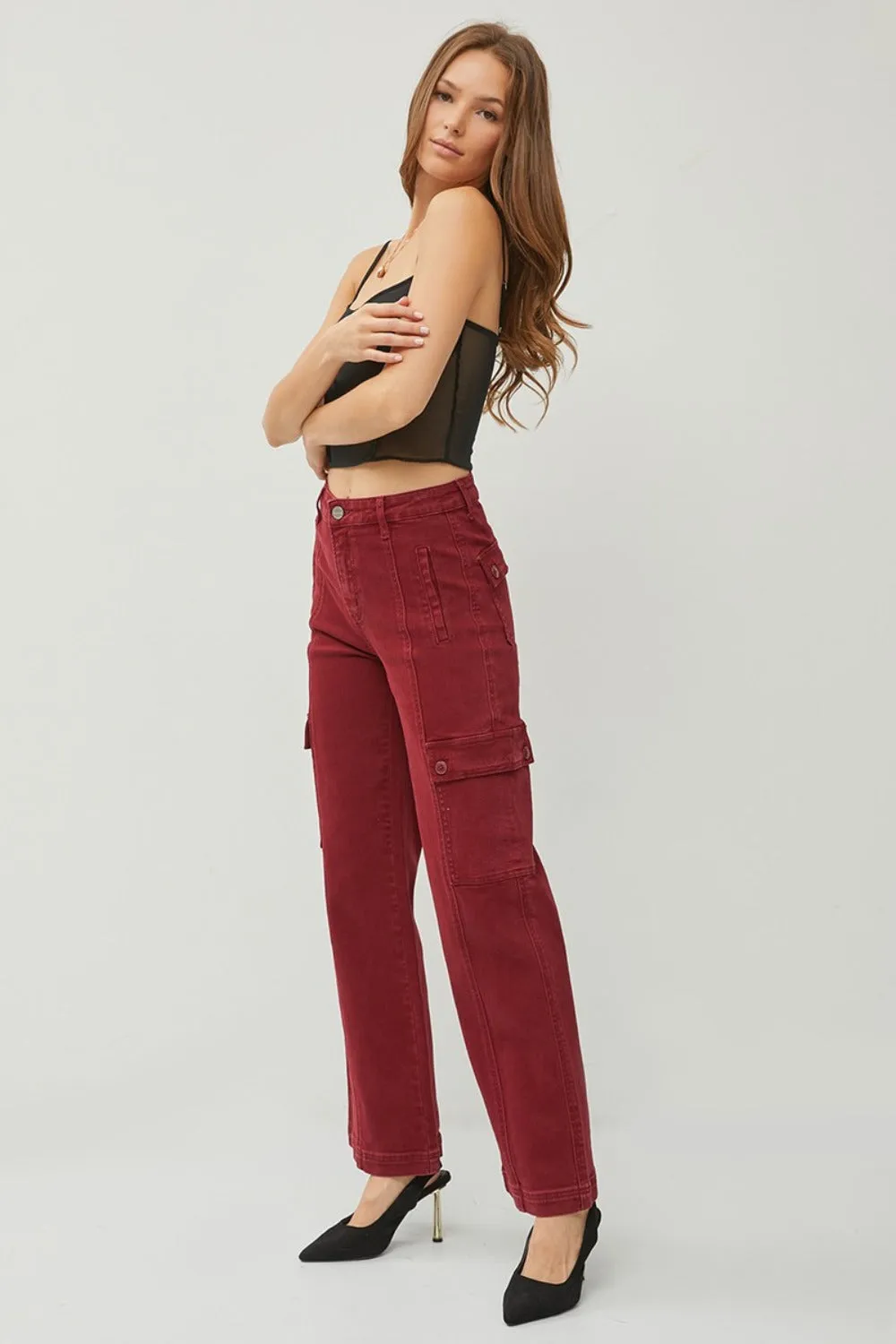 RISEN Full Size High Rise Burgundy Wide Leg Cargo Jeans